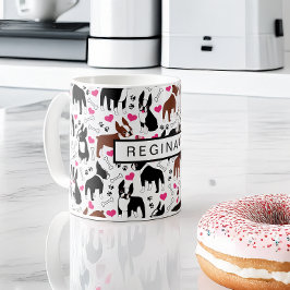 Caneca De Café Boston Terriers e Corações Fofos Nome Personalizad