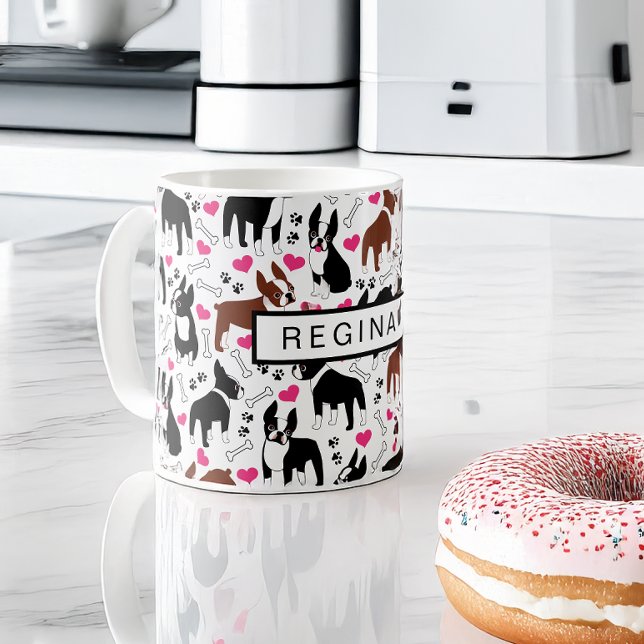 Caneca De Café Boston Terriers e Corações Fofos Nome Personalizad (Criador carregado)
