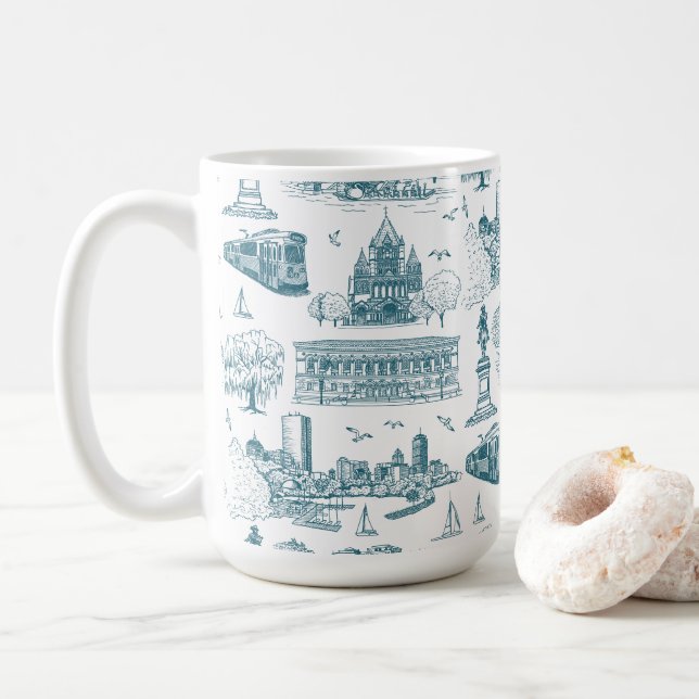 Caneca De Café Boston Toile (Ed. Aniversário) Azul/Branco (Com Donut)