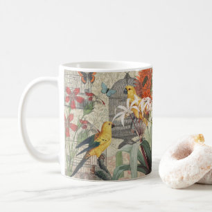 Caneca De Café Botânica Vintage de Pássaros Natureza Antiga Tropi