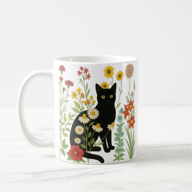 Caneca De Café  Botanical Nature – Black Cat in Wildflower Garden (Esquerda)