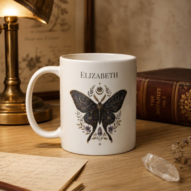 Caneca de Café Botânico Escuro com Mariposa Celest (Personalized Celestial Moth Dark Botanical Coffee Mug)