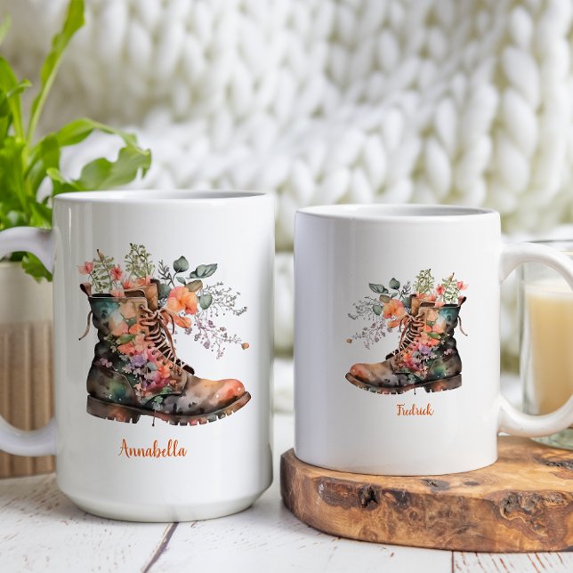 Caneca De Café Botas de Aquarela Floral com Flores (Criador carregado)