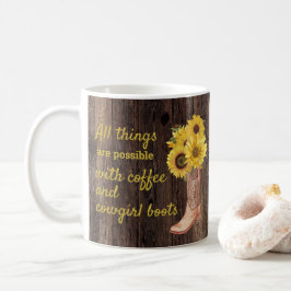 Caneca De Café Botas de Cowgirl de Café com Girassóis de Madeira