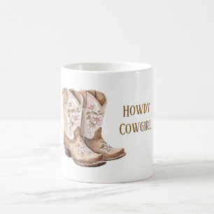 Caneca De Café Botas de Cowgirl Florais Rosa Bege Marrom