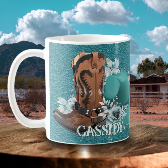 Caneca De Café Botas de vaqueiro de vaqueira, nome de couro de tu (Cowgirl cowboy boots hat turquoise leather name coffee mug)