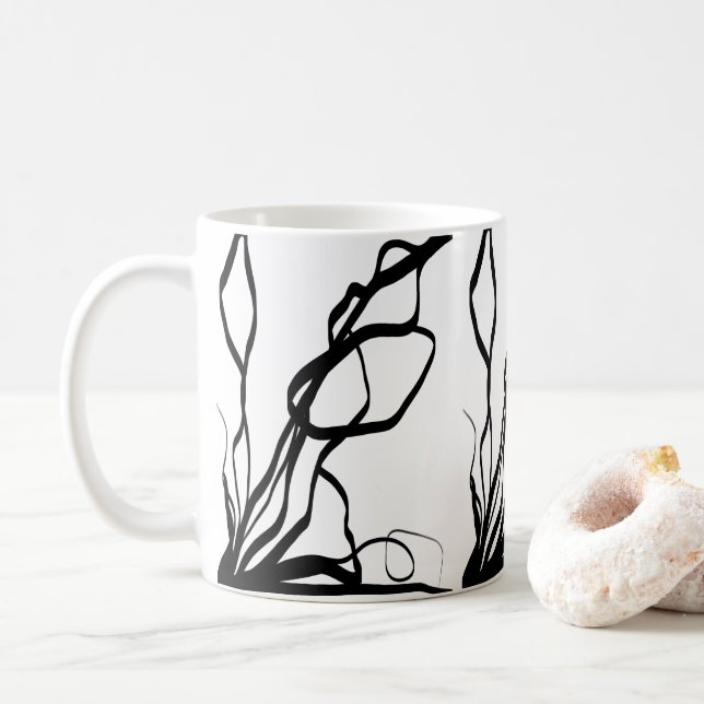 Caneca De Café Bouquet Branco: Abstrato Preto e Branco (Com Donut)
