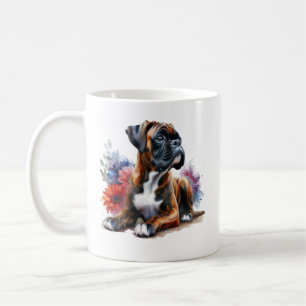 Caneca De Café Boxer Dog entre as Flores em Aquarela