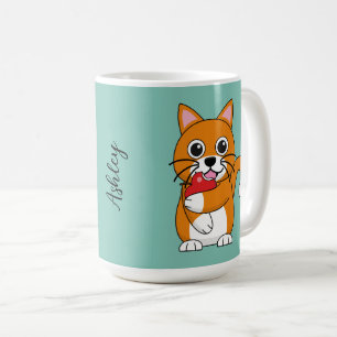 Caneca De Café Branca De Gato Branco, Comendo Maçã Vermelha