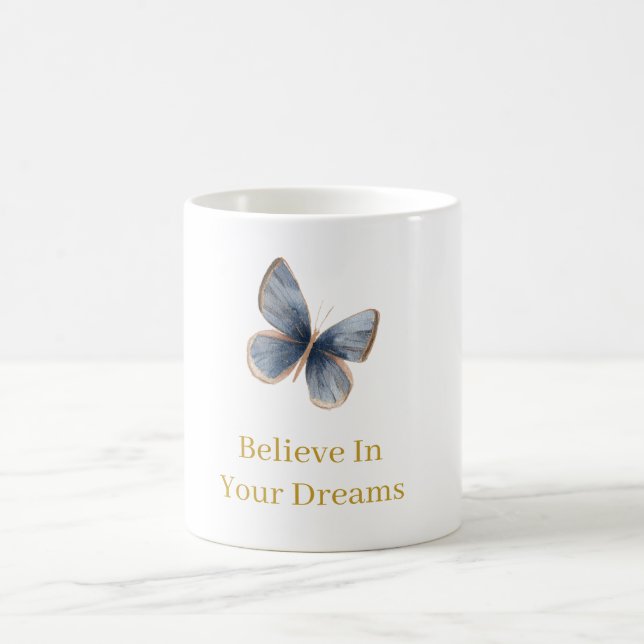 Caneca De Café Branco Azul Creme Borboleta Ouro Sonhos (Centro)