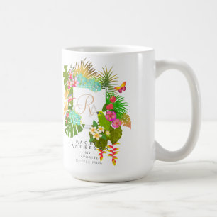 Caneca De Café Branco Monograma de Jardim Tropical