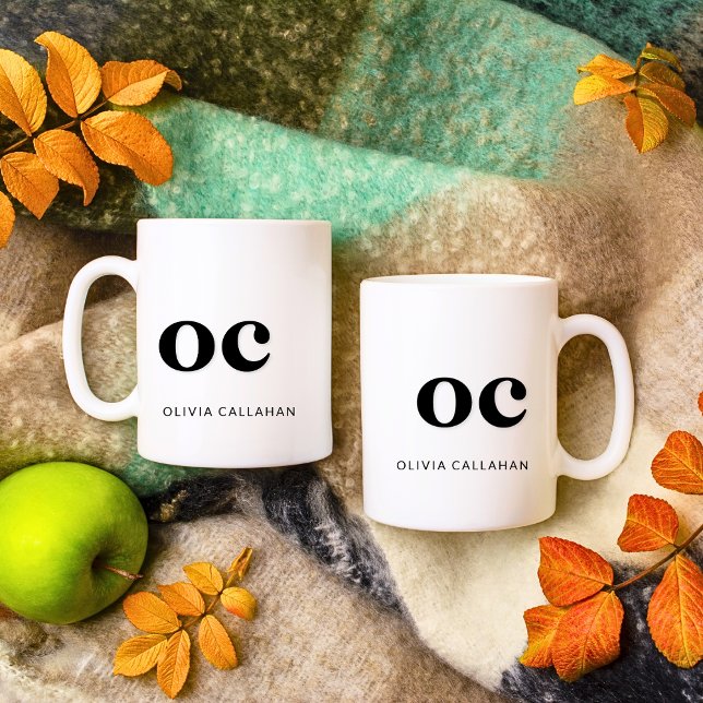 Caneca De Café Branco preto-chic mínimo clássico e elegante monog (1 mug - left & right sides)