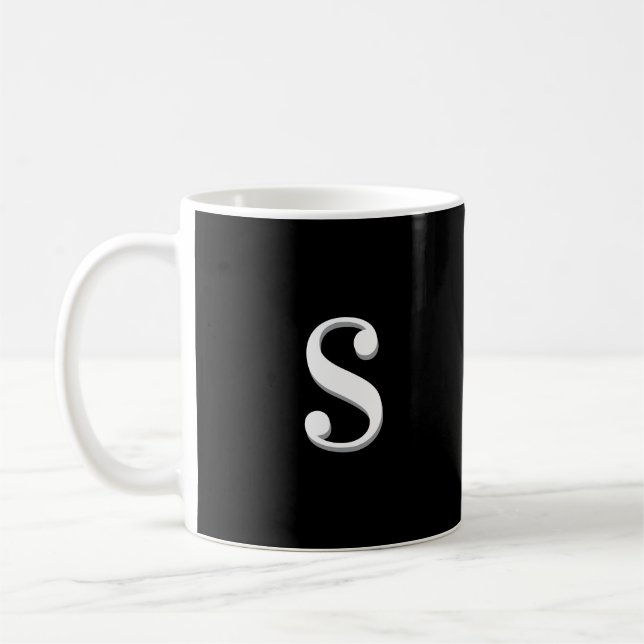 Caneca De Café Branco preto Simples Elegante Monograma Inicial (Esquerda)
