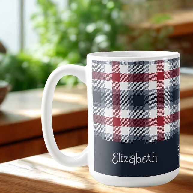 Caneca De Café Branco Vermelho e Nome do Tartan Azul (Criador carregado)
