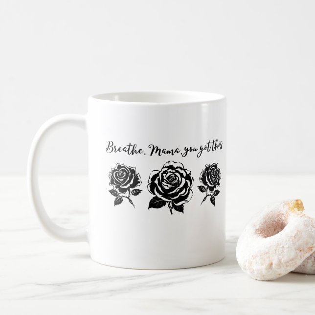 Caneca De Café Breathe Mama Floral Motivational Quote silhueta (Com Donut)