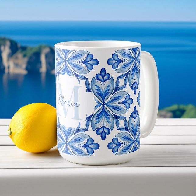 Caneca De Café Bridesmaid dá monograma de azulejos azuis italiano (Bridesmaid gifts Italian Blue tiles monogram personalized name Coffee Mug bridal party favors)