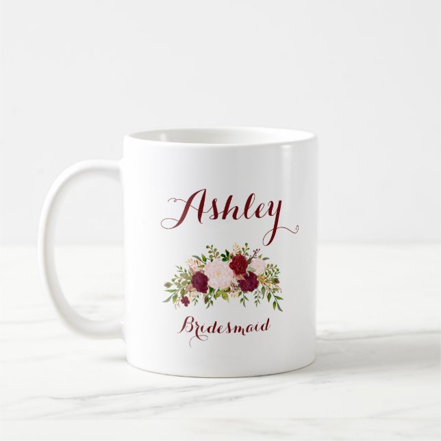 Caneca De Café Bridesmaid Floral Rosa de Marsala Personalizada (Esquerda)