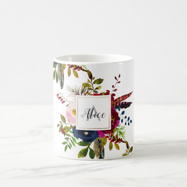 Caneca De Café Bridesmaid Monogram Watercolor Boho Burgundy Azul (Centro)