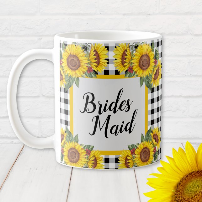 Caneca De Café Bridesmaid Mug Gingham e Sunflower personalizados (Bridesmaid personalized Sunflowers and Gingham Bridal Shower Gift Mug)