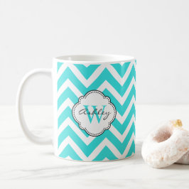 Caneca De Café Bright Aquamarine Chevron Strips com Monograma
