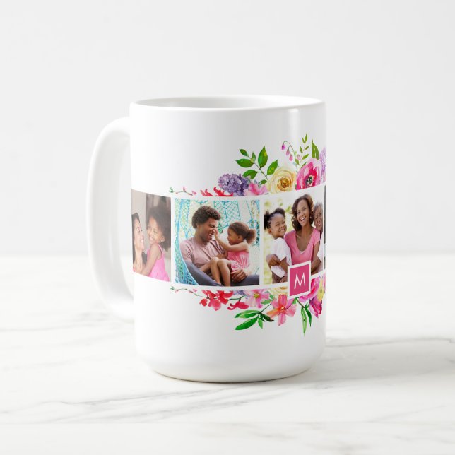 Caneca De Café Bright Blooms 5 Colagem de Fotos Monogramada (Frente Esquerda)