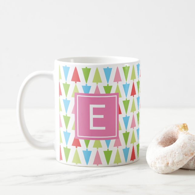 Caneca De Café Bright Christmas Tree Pattern Girly Pink Monograma (Com Donut)