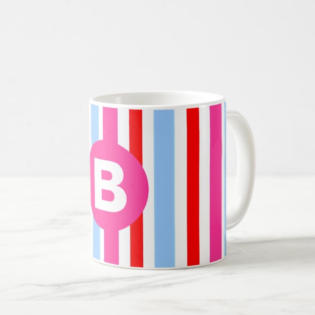 Caneca De Café Bright Pink and Blue Candy Stripes Monogram (Frente Esquerda)