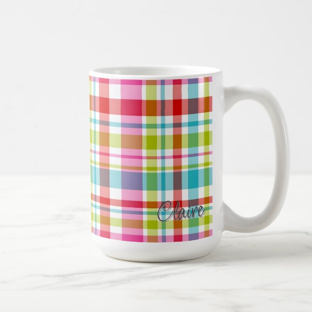 Caneca De Café Bright Rainbow Plaid Checkered Pattern Custom Name (Direita)