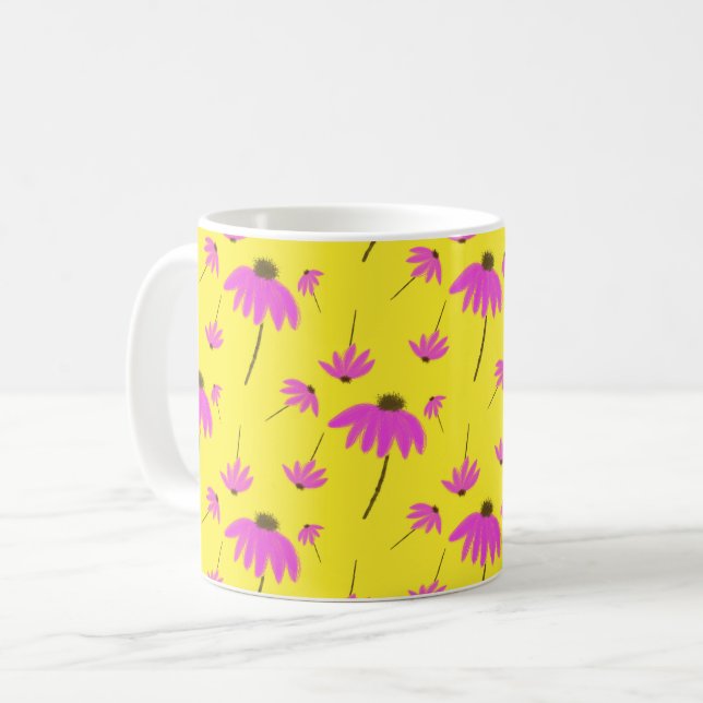Caneca De Café Bright Yellow Mug with Pink Flowers (Frente Esquerda)