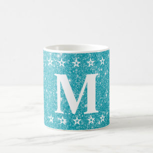 Caneca De Café Brilho 5 Estrelas Azul Turquesa Monograma Personal