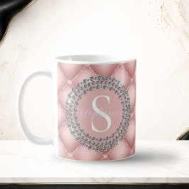 Caneca De Café Brilho Diamantes Bege Rosa Monograma Personalizado