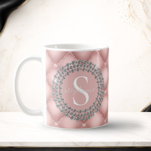 Caneca De Café Brilho Diamantes Bege Rosa Monograma Personalizado