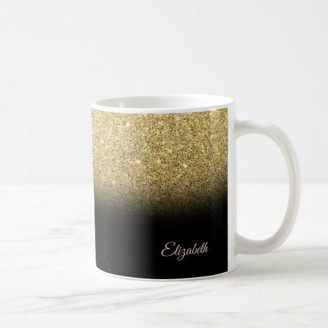 Caneca De Café Brilho Dourado da Moda, Preto - Personalizado (Direita)