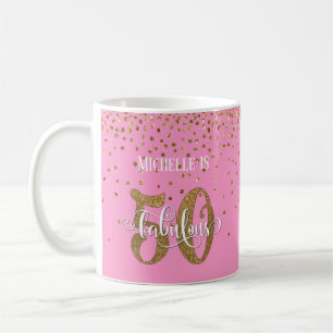 Caneca De Café Brilho e Script 50 e fabuloso sobre rosa