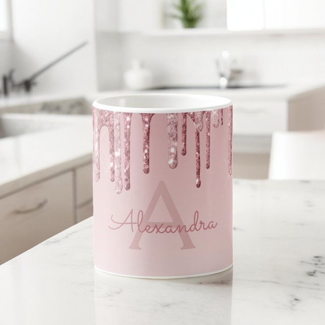 Caneca De Café Brilho em Rose Gold com Glitter Monograma Nome & I (Criador carregado)