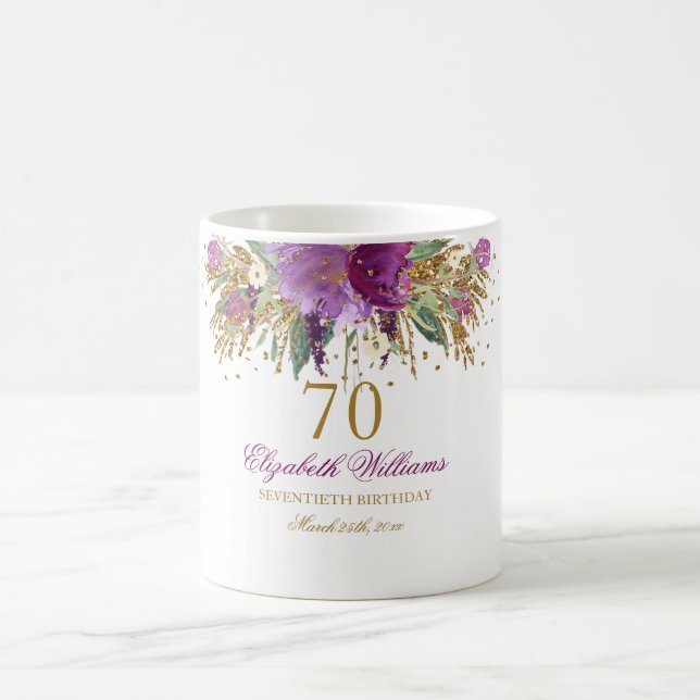 Caneca De Café Brilho Floral Amethyst Sparkle Aniversário de 70 a (Centro)