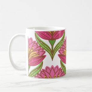 Caneca De Café Brilho Floral: Vintagem Branca Vermelha.