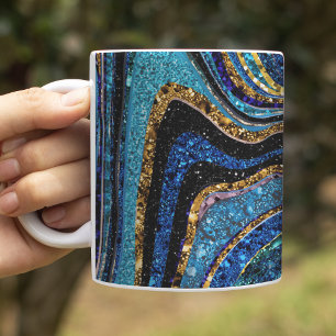 Caneca De Café Brilho Glam Glitter arte girly mármore azul Café