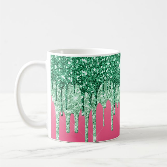 Caneca De Café Brilho Verde Goteja Rosa Glam Moda Divertida (Esquerda)