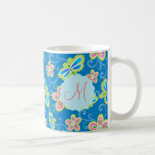 Caneca De Café Brillant floresce, libélulas e redemoinhos no azu