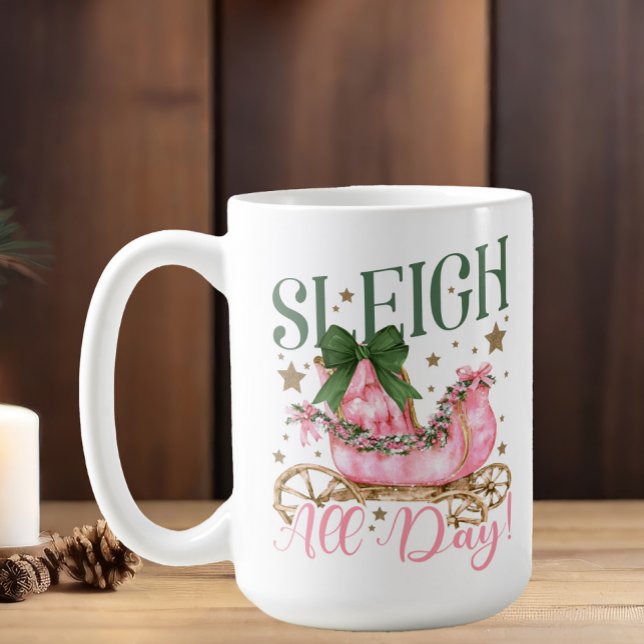 Caneca De Café Brincadeira Rosa Rosa Rosa Branca O Natal Todo (Cute and girly "Sleigh all day" Christmas mug )