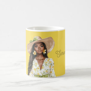 Caneca De Café Brinco Floral Chapéu Senhora Amarelo Preto