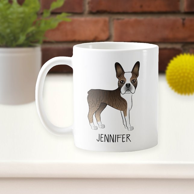 Caneca De Café Brindle Boston Terrier Cute Cartoon Dog & Name (Criador carregado)