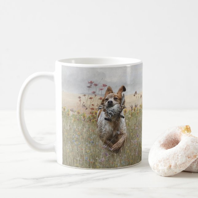 Caneca De Café Brittany Spaniel caçando codorniz, Art (Com Donut)
