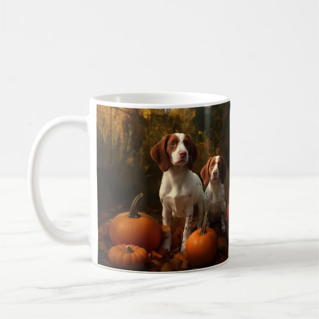 Caneca De Café Brittany Spaniel Puppy Autumn Delight Pumpkin (Esquerda)
