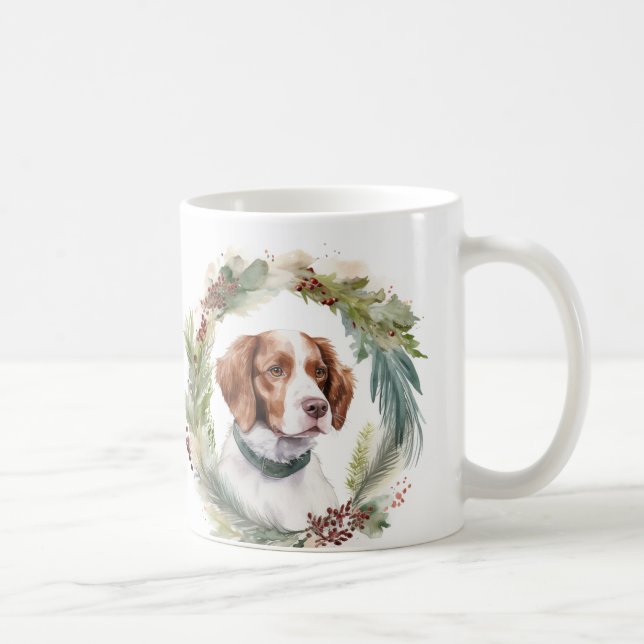 Caneca De Café Brittany Spaniel Wreath Festivo Pup (Direita)