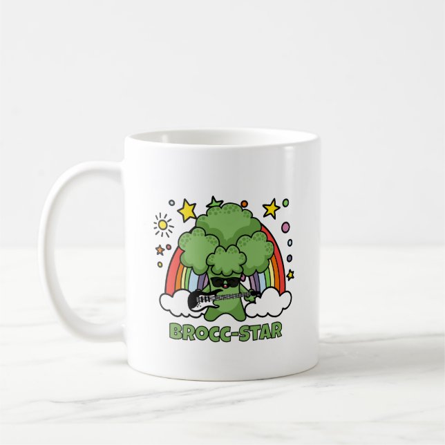 Caneca De Café Brócolis Tocando Guitarra, Brocc Star e Arco-íris (Esquerda)