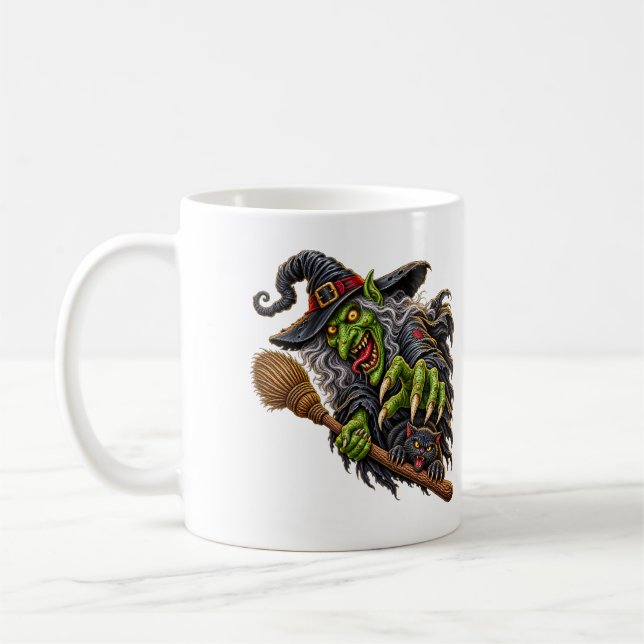 Caneca De Café BRUXA ASSUSTADORA com Vassoura e Gato Preto (Esquerda)