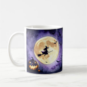Caneca De Café Bruxa Assustadora de Halloween Voando Sobre a Lua