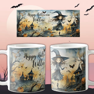 Caneca De Café Bruxa Branca de Halloween, Nome Personalizado
